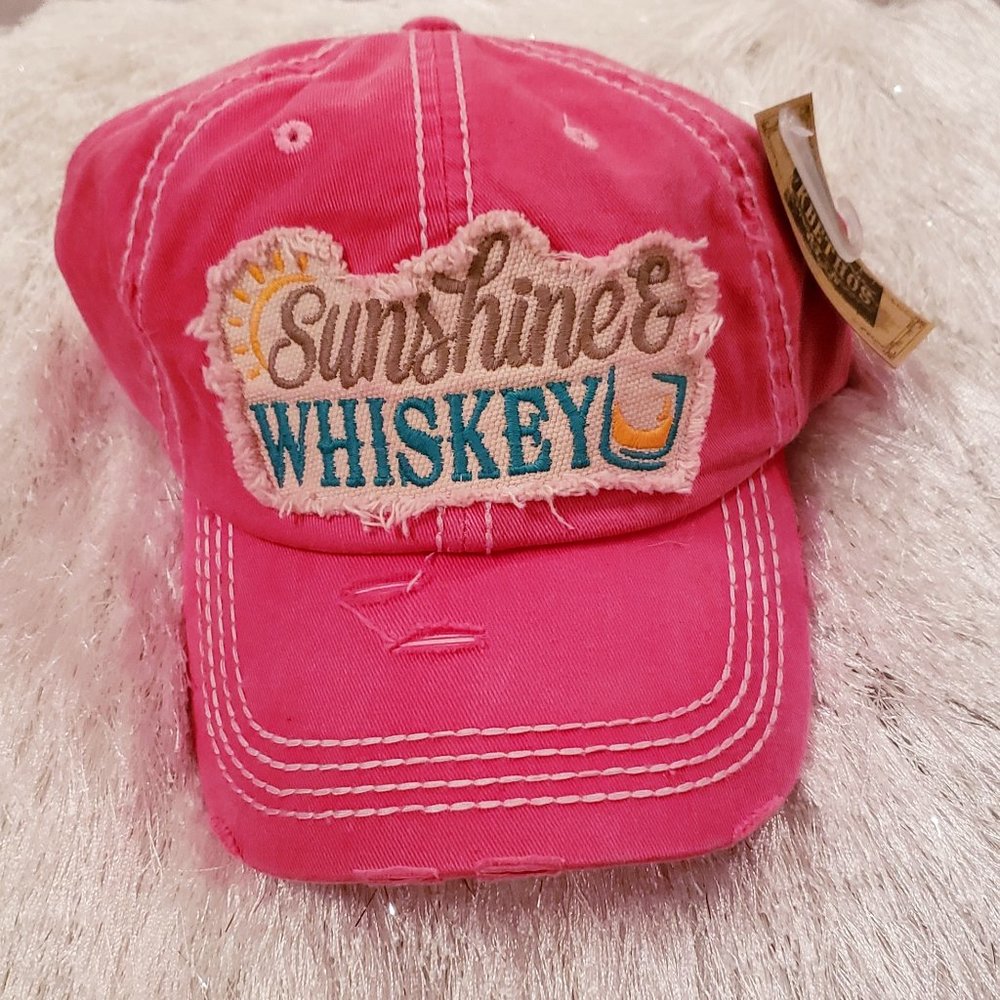 Pink & Teal Sunshine & Whiskey Distressed Ball Cap